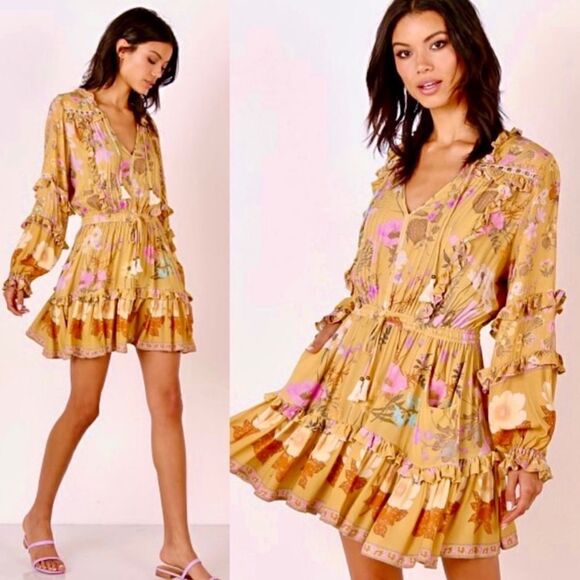 NWT Spell and Gypsy Wild Bloom Playdress Mini Mustard Dress Floral Size XS - Picture 1 of 16